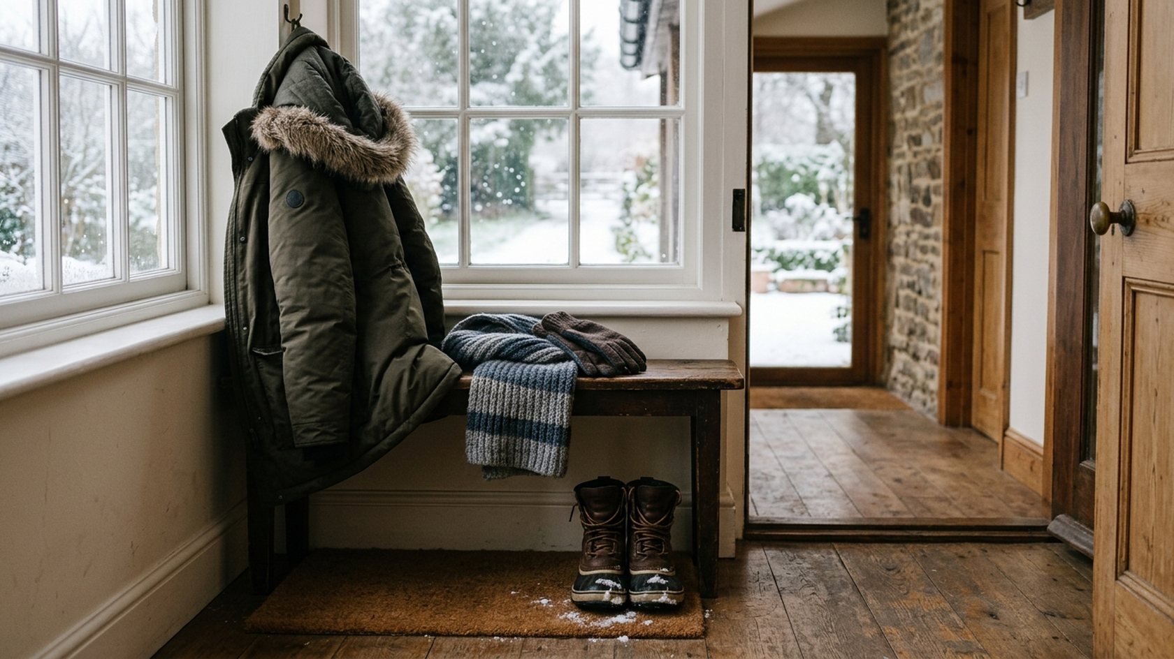 A winter coat, scarf and boots on a hallway bench with snow visible outside